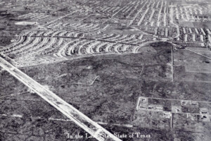 HCU campus sprawls near suburban Texas homes, with the nearby Hinton Center named for first president William H. Hinton.