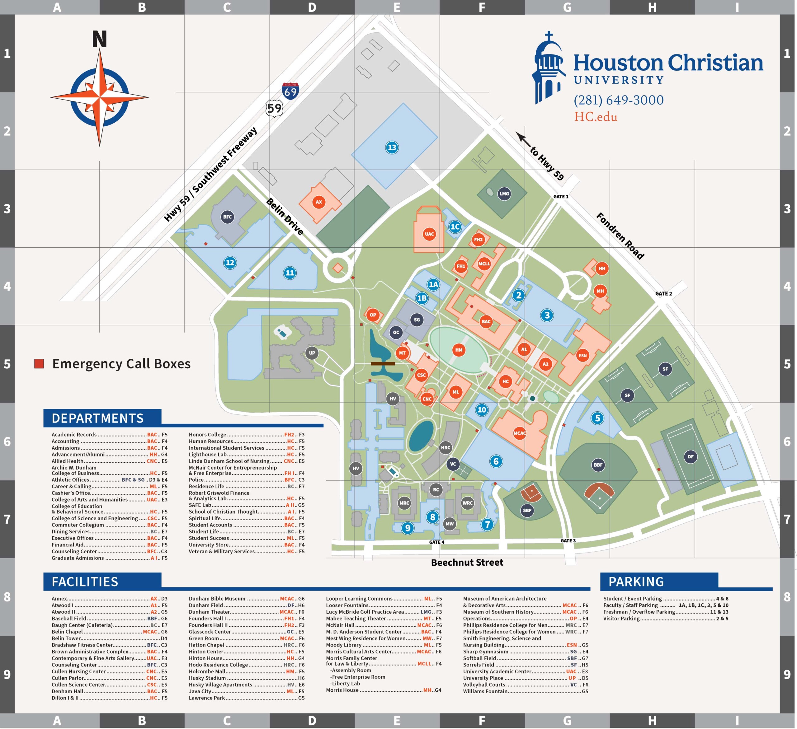 HCU campus map showing buildings, parking areas, facility locations, and marked emergency call boxes for accessible navigation.
