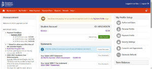 My Student Account (TouchNet) payment portal dashboard for University Login displays account balances, payment plans, and making payments..