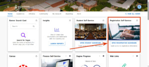 Dashboard with multiple cards; one card on a laptop highlights Registration Self-Service and university login for students.