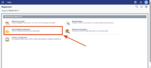 Red arrow highlights the View Registration Information link for accessing Houston Christian University systems online.