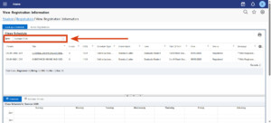Class schedule page from university system with Summer 2015 term field highlighted by a red arrow for accessibility.