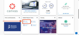 Campus portal dashboard displaying multiple tiles; arrow highlights FERPA Requests section at Houston Christian University.