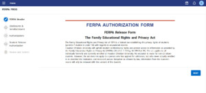 FERPA Authorization Form page for access to Houston Christian University systems, menu at left, NEXT button lower right.