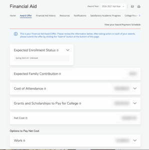 Houston Christian University Financial Aid Award Offer page showing enrollment status, costs, grants, and payment access sections.