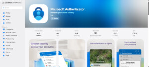 Authenticator app listing on the App Store with HCU branding: access info, icon, rating, age details, and preview screenshots.