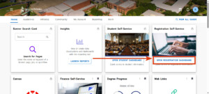 Service cards displayed on university dashboard; arrows indicate access through Open Student and Registration Dashboard buttons.