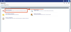 University portal registration page with an arrow highlighting “Register for Classes” in the student login menu.