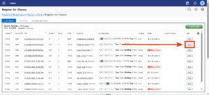 Course registration page displaying counseling classes; arrow points to “Add” button for an online class in university portal.