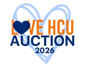 Love HCU Auction 2026 logo featuring a blue heart and a subtle heart outline, tailored for Houston Christian University events.