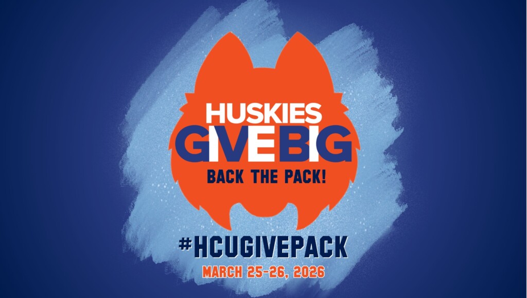 Orange husky head logo with “Huskies Give Big—Back the Pack!” and #HCUGIVEPACK March 25-26, 2026 on blue background.