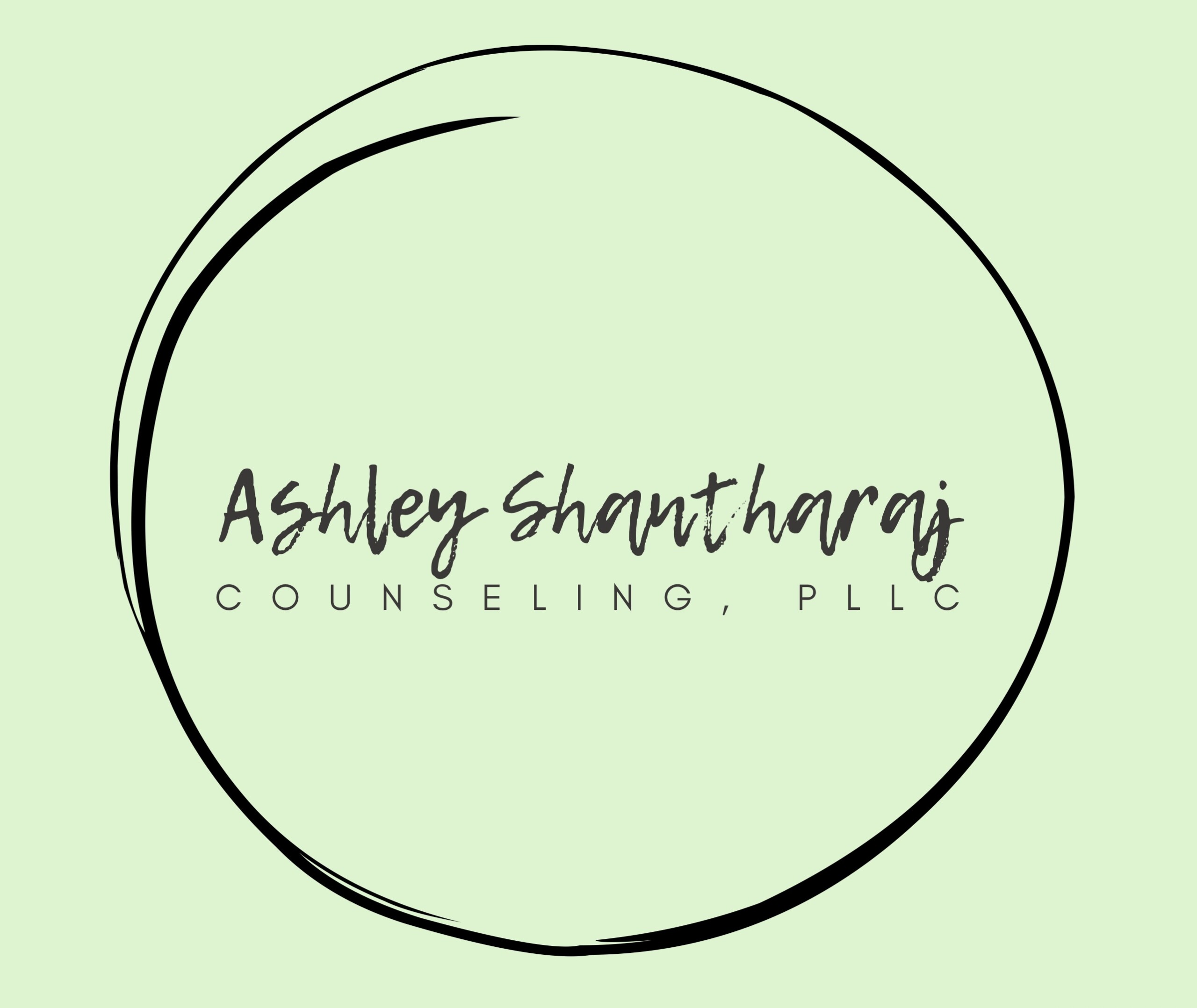 Ashley Shantharaj Counseling, PLLC logo with a bold black circle highlights HCU Alumni on a light green background.