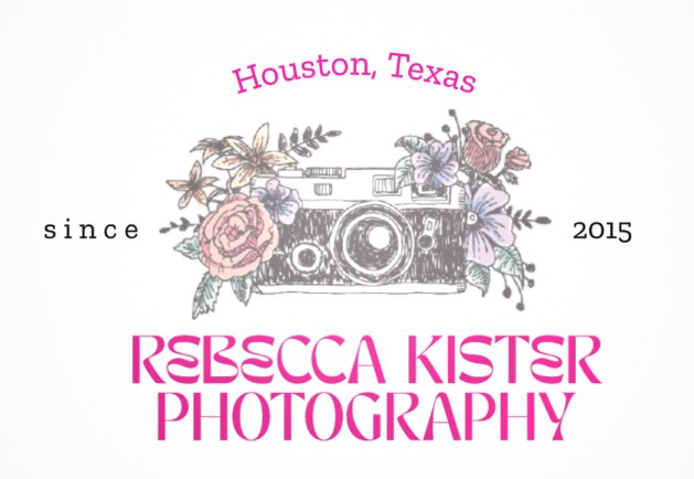 Rebecca Kister Photography logo features a vintage camera, floral accents, and text: Houston, Texas, since 2015; HCU Alumni.