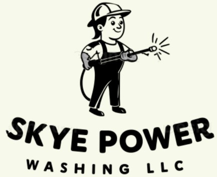 Cartoon worker power washing above bold Skye Power Washing LLC text, recognized in the Houston Christian University directory.