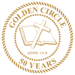 Gold seal featuring a cross and open Bible, inscription says Golden Circle 50 Years Alumni Association, John 14:6, for HCU.