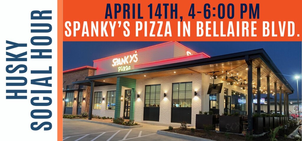 HCU campus view at dusk with Spankys Pizza; Husky Social Hour set for April 14, 4-6 PM on Bellaire Blvd.