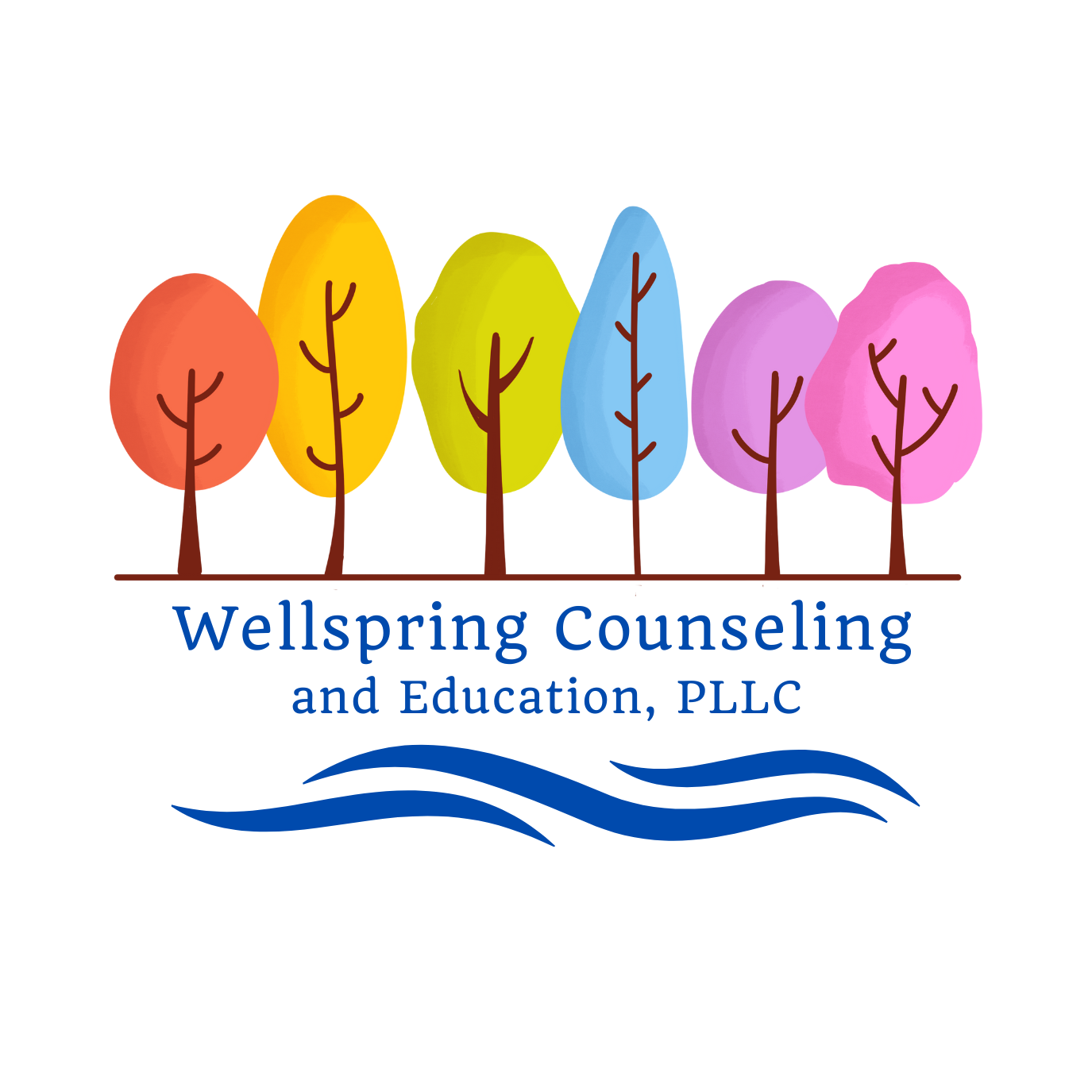 Six vibrant trees above “Wellspring Counseling and Education, PLLC” with blue waves; HCU Alumni Business.