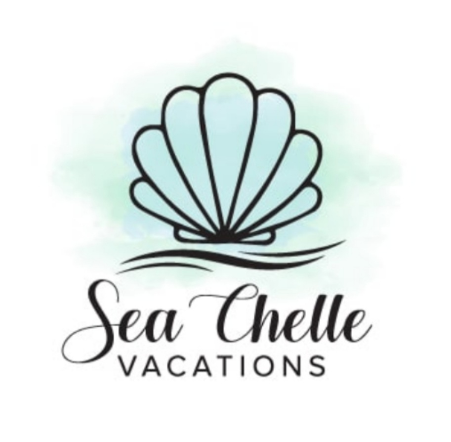 Blue seashell over “Sea Chelle Vacations” in cursive on watercolor, highlighted in Houston Christian University alumni directory.