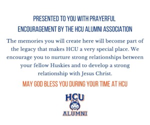 Message from the HCU Alumni Association, “Donate A Bible,” with HCU Huskies logo and blessing highlighted in orange text.