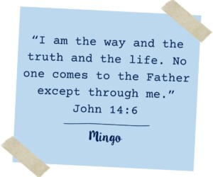 Blue notepaper with John 14:6 Bible verse in blue text, encouraging support for the HCU Bible donation initiative.