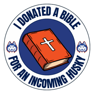 Sticker with a Bible, husky mascots, and text: Donate A Bible for an Incoming Husky at Houston Christian University.