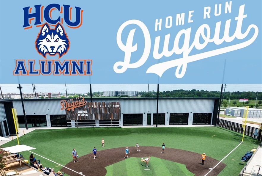 Baseball game at Home Run Dugout with HCU Alumni Association and husky logos on top left, seen from above on HCU campus.