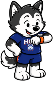 Cartoon husky in blue sports gear smiles at smartwatch, excited for Homecoming 2026 on HCU campus.