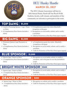 Husky Hustle sponsorship tiers with distinct benefits and pricing, organized in bold, colorful sections.
