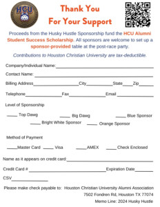 Husky Hustle sponsorship form with spaces for personal info, donation levels, payment options, and check payment steps.