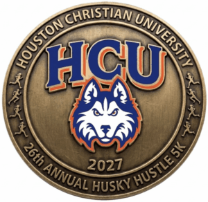 Bronze medal featuring HCU, husky logo, and “2027 Husky Hustle 5K” honoring Houston Christian University.