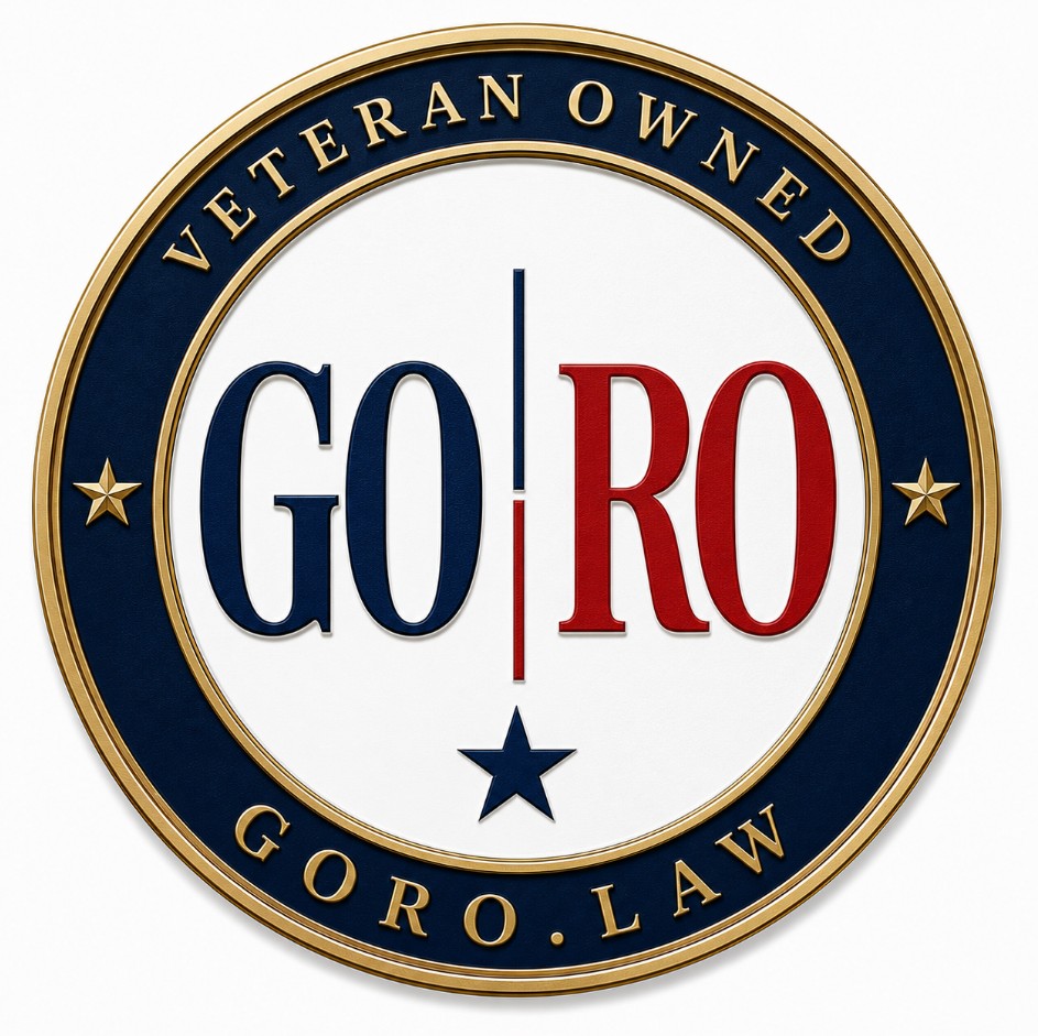 Veteran Owned circular logo, GO RO text, GORO.LAW base, stars, HCU Alumni for Business Directory.
