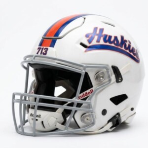 White helmet with blue and red stripes, Huskies logo, 713 above visor honoring Houston Christian Alumni Association.