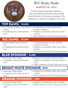 Flyer for the Houston Christian University Husky Hustle 5K on March 20, 2027, listing dog fitness sponsorship levels.