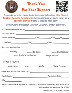 Houston Christian University Husky Hustle sponsorship form with payment fields, QR code, and HCU logo.