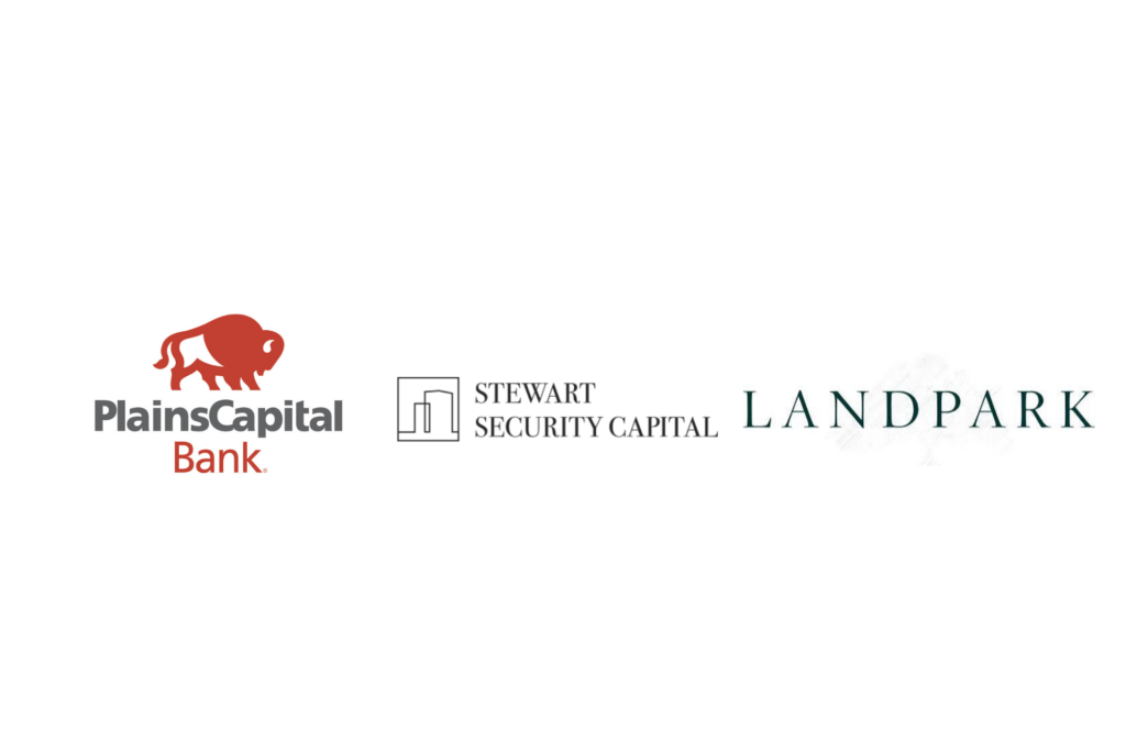PlainsCapital Bank, Stewart Security Capital, and Landpark logos aligned for CRE Forum on white background.