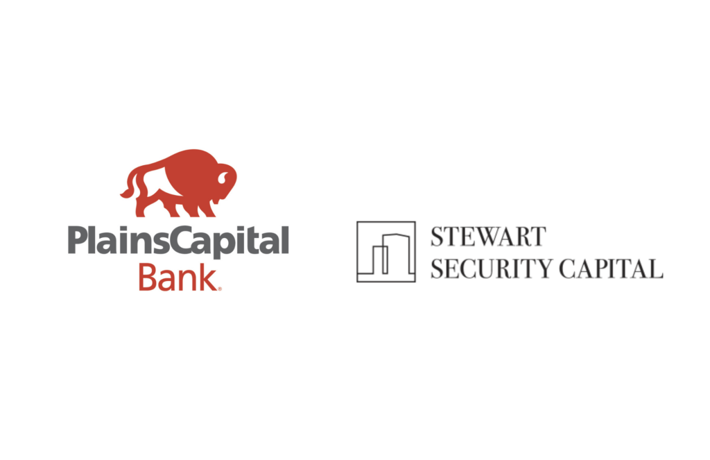 PlainsCapital Bank logo with red bison and Stewart Security Capital logo beside CRE Forum, outlined campus buildings.