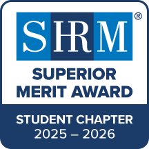 SHRM Superior Merit Award 2025-2026 badge, MS HR Management, Houston Christian University, blue and white.