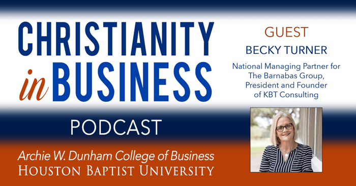 Christianity in Business podcast with guest speaker Becky Turner graphic. 