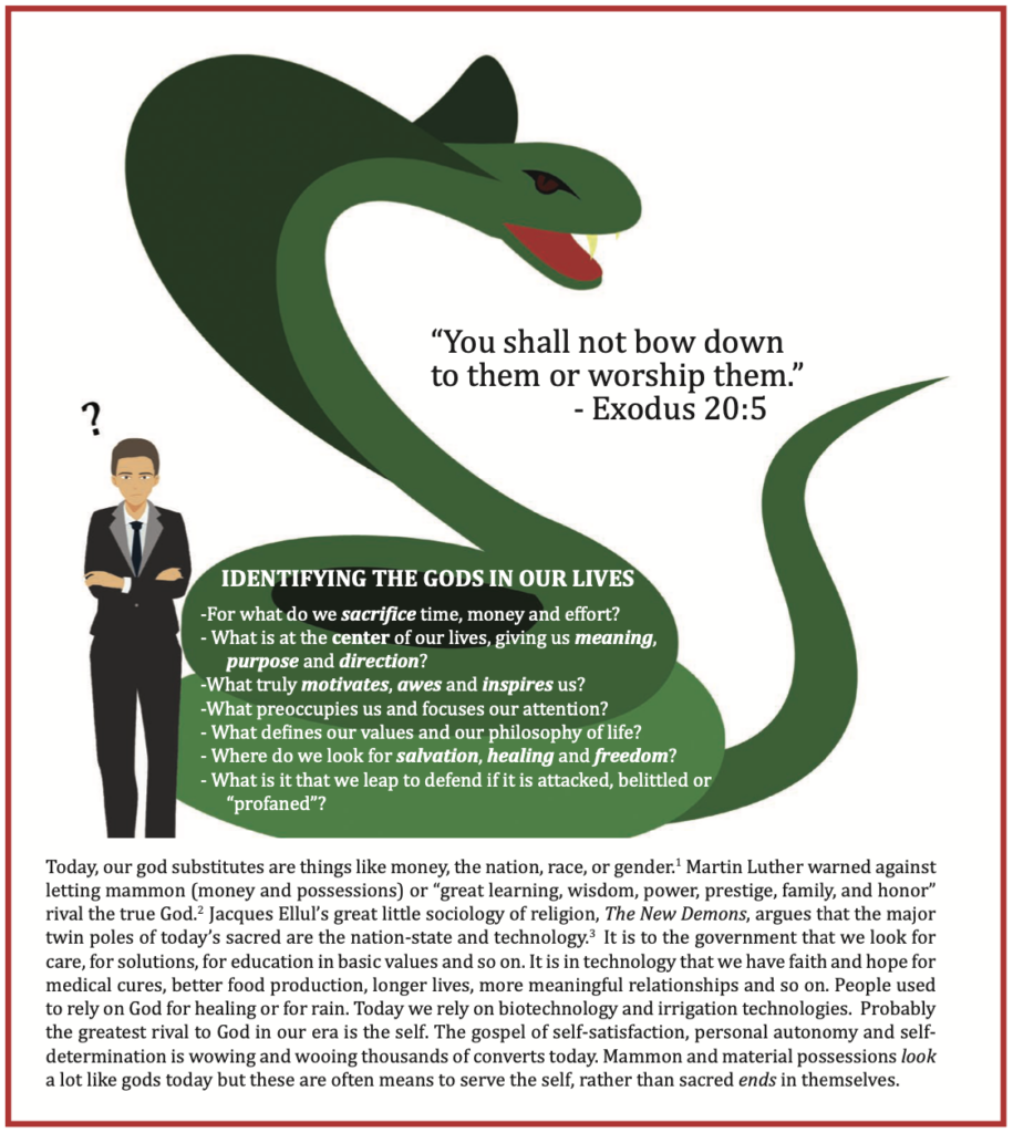 A green serpent with fangs and red eyes faces a thoughtful man in a suit; text discusses modern gods in society.