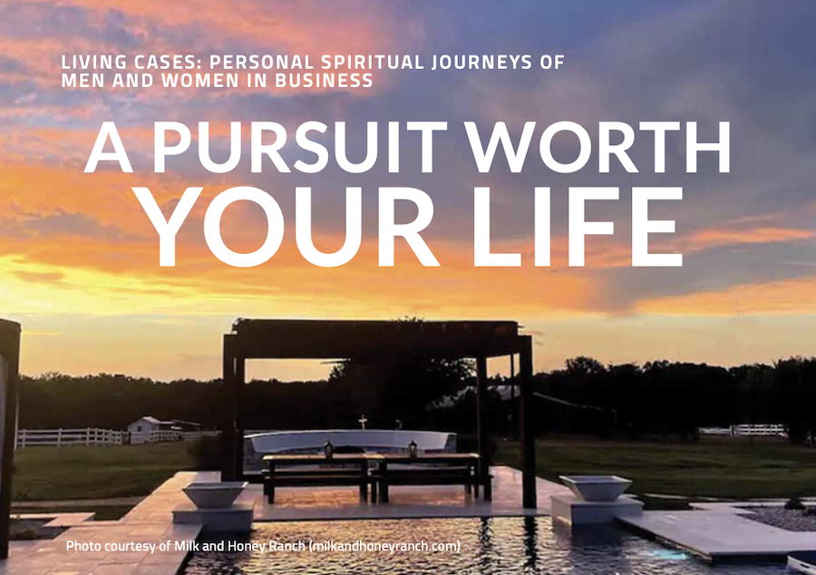 "A pursuit worth your life" in white letters over picture of sunset at Milk and Honey Ranch