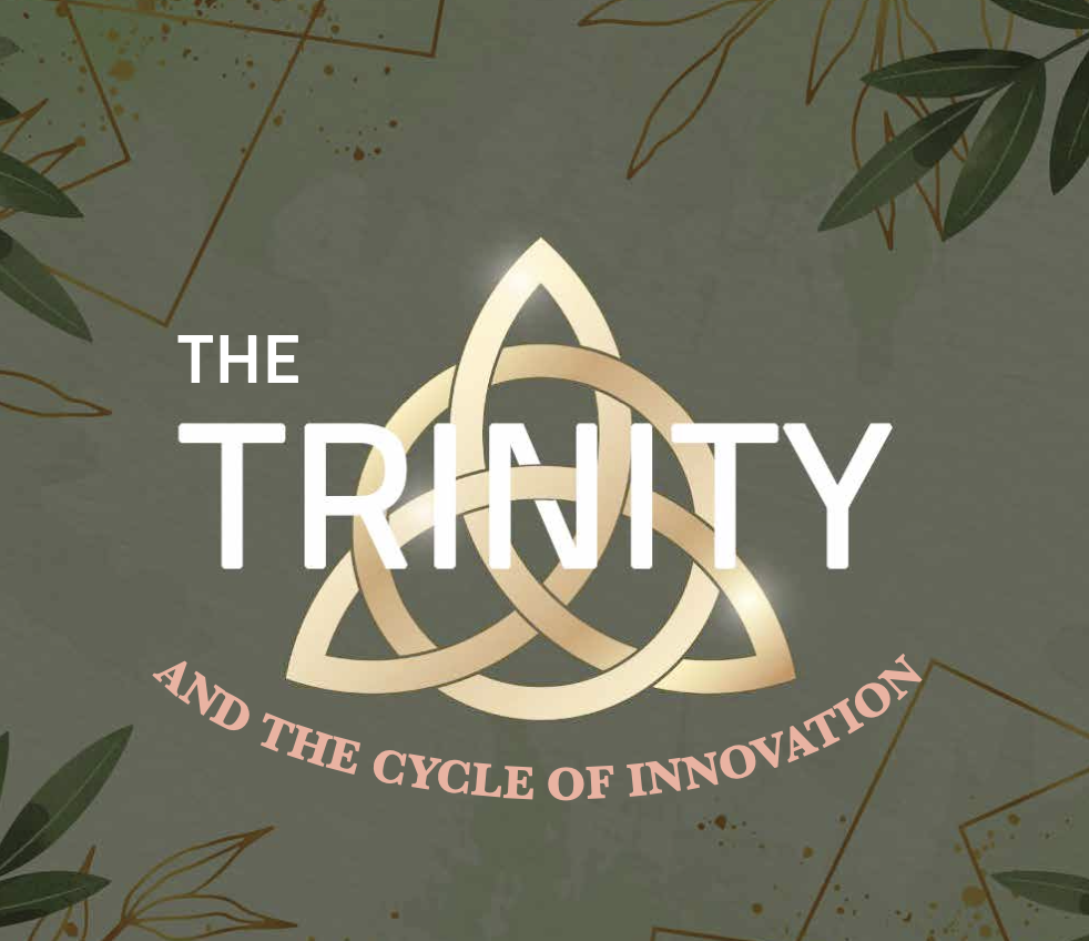 The Trinity and the Cycle of Innovation with golden interlocking trinity symbol on green background
