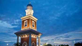 HCU Belin tower with lights on.