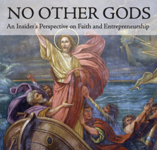 Painting depicting Jesus with disciples in a boat, overlaid with "No Other Gods," suitable for theology studies or campus reflection.