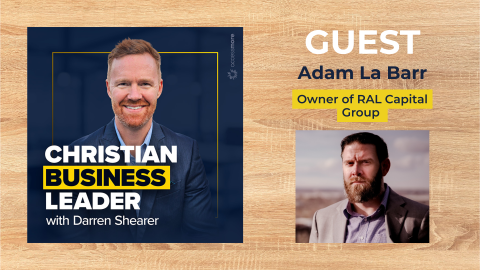 Podcast promo featuring Darren Shearer and Adam La Barr discussing biblical purpose on a wood background, tailored for HCU audience.