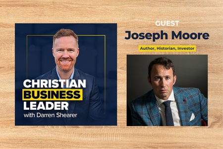 Podcast promo featuring headshots of Darren Shearer and guest Joseph Moore, author and historian, for Houston Christian audience.