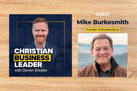 Podcast graphic featuring Darren Shearer and Mike Burkesmith discussing AI best practices, tailored for Houston Christian University.