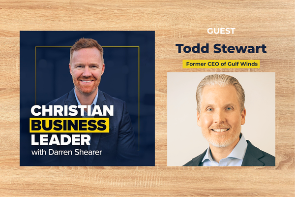 Podcast cover with Darren Shearer and Todd Stewart discussing faith in logistics, set against a wood-grain background.