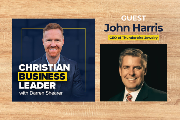 Darren Shearer and John Harris, Thunderbird Jewelry CEO, discuss Christians in Corporate America for an HCU podcast promo on wood backdrop.