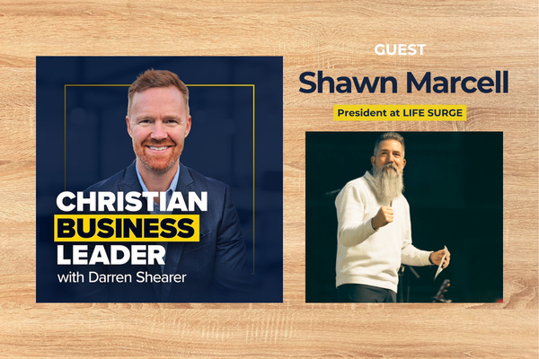 Podcast cover with Darren Shearer and Shawn Marcell inspiring business leaders, tailored for Houston Christian University.