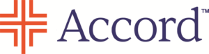Orange geometric cross beside the word Accord in dark blue, symbolizing trusted sponsors on white at HCU campus.